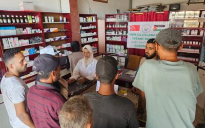 Distributing treatment to displaced people in tents to provide basic health services and support to families affected and injured by war