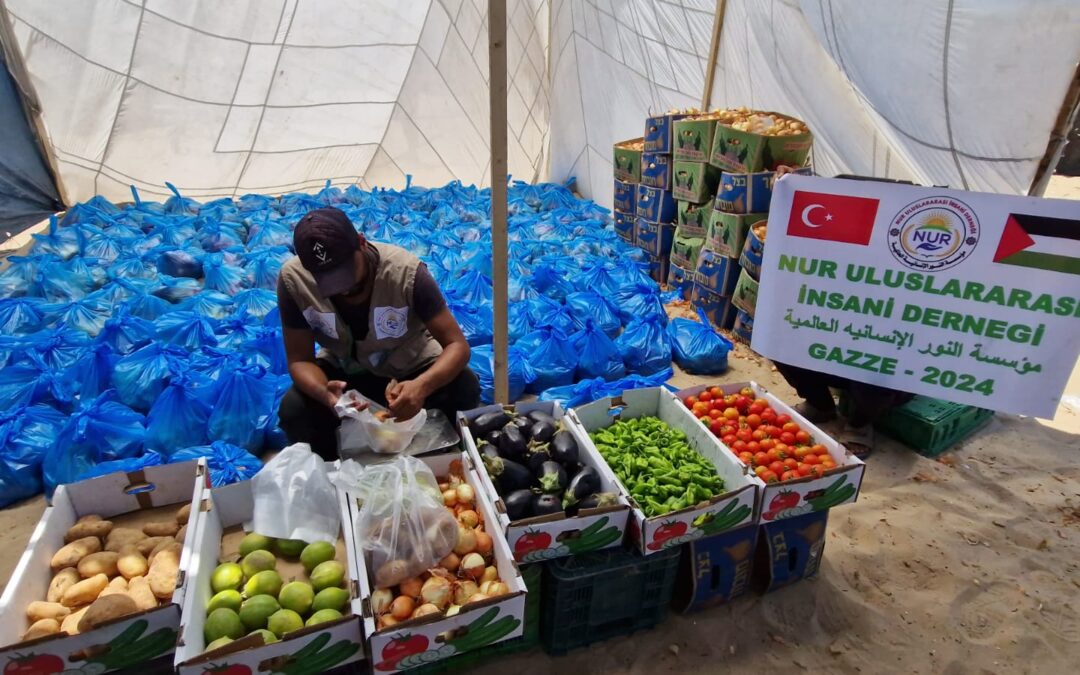 Gıda güvenliğini desteklemek ve beslenmeyi iyileştirmek amacıyla çadırlardaki yerinden edilmiş kişilere çeşitli sebze sepetleri dağıtılması